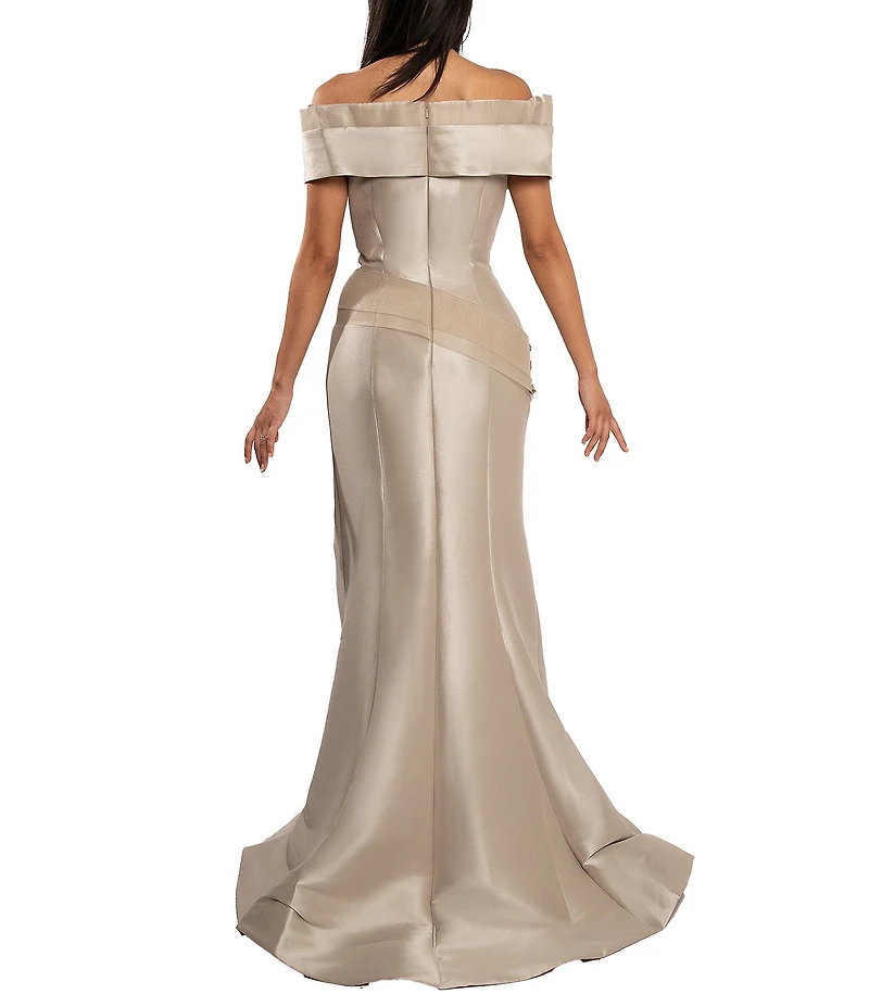 Terani Couture Pleated Off-the-Shoulder Short Sleeve Mermaid Gown