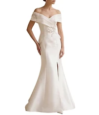 Terani Couture Pleated Off-the-Shoulder Short Sleeve Mermaid Gown