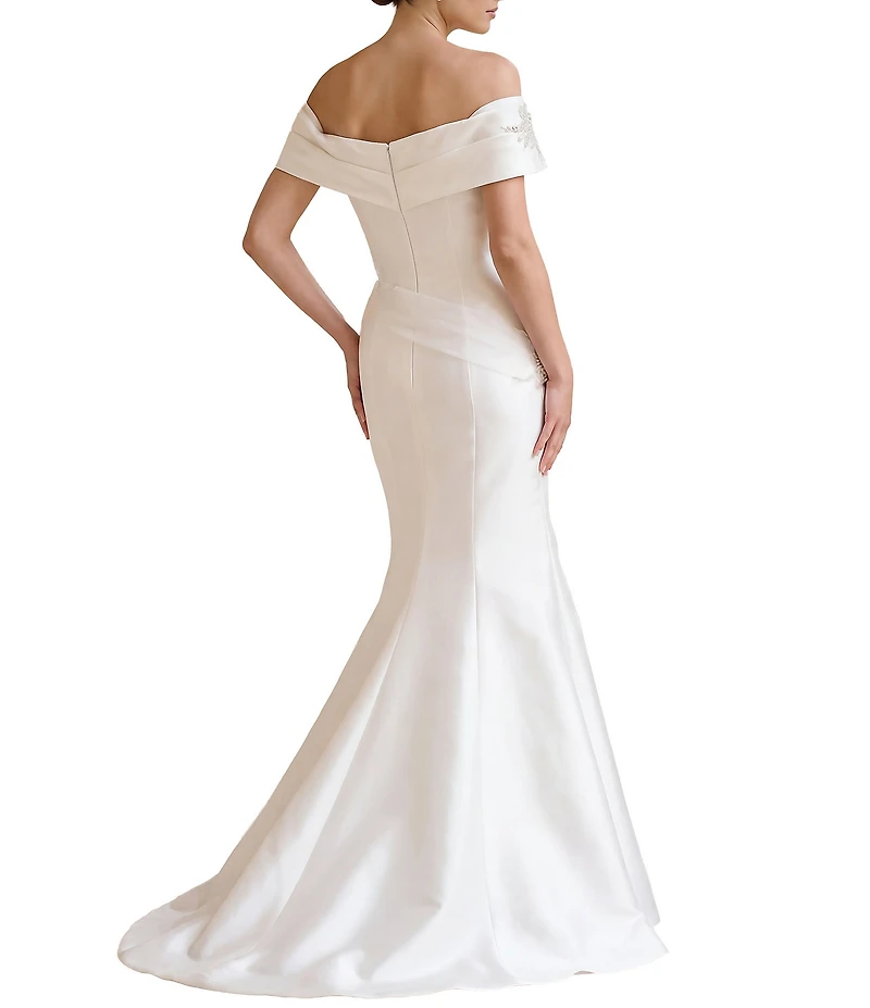 Terani Couture Pleated Off-the-Shoulder Short Sleeve Mermaid Gown