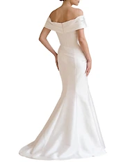 Terani Couture Pleated Off-the-Shoulder Short Sleeve Mermaid Gown