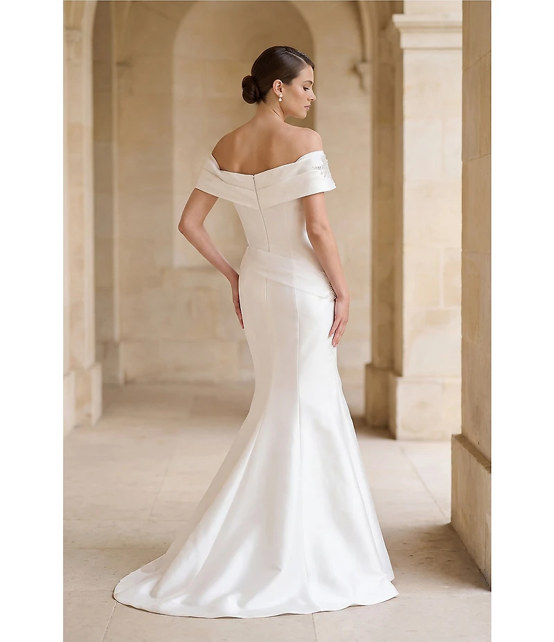 Terani Couture Pleated Off-the-Shoulder Short Sleeve Mermaid Gown