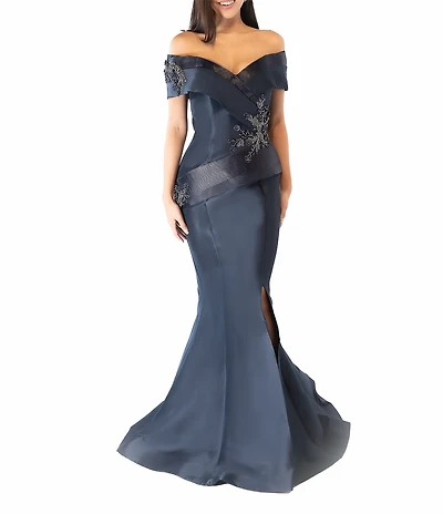 Terani Couture Pleated Off-the-Shoulder Short Sleeve Mermaid Gown
