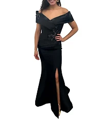 Terani Couture Pleated Off-the-Shoulder Short Sleeve Mermaid Gown