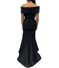 Terani Couture Pleated Off-the-Shoulder Short Sleeve Mermaid Gown