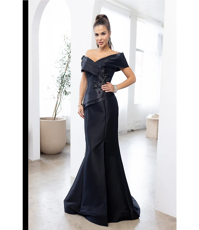 dillards peplum dress Terani Couture Taffeta One Floral Applique Shoulder Peplum Gown