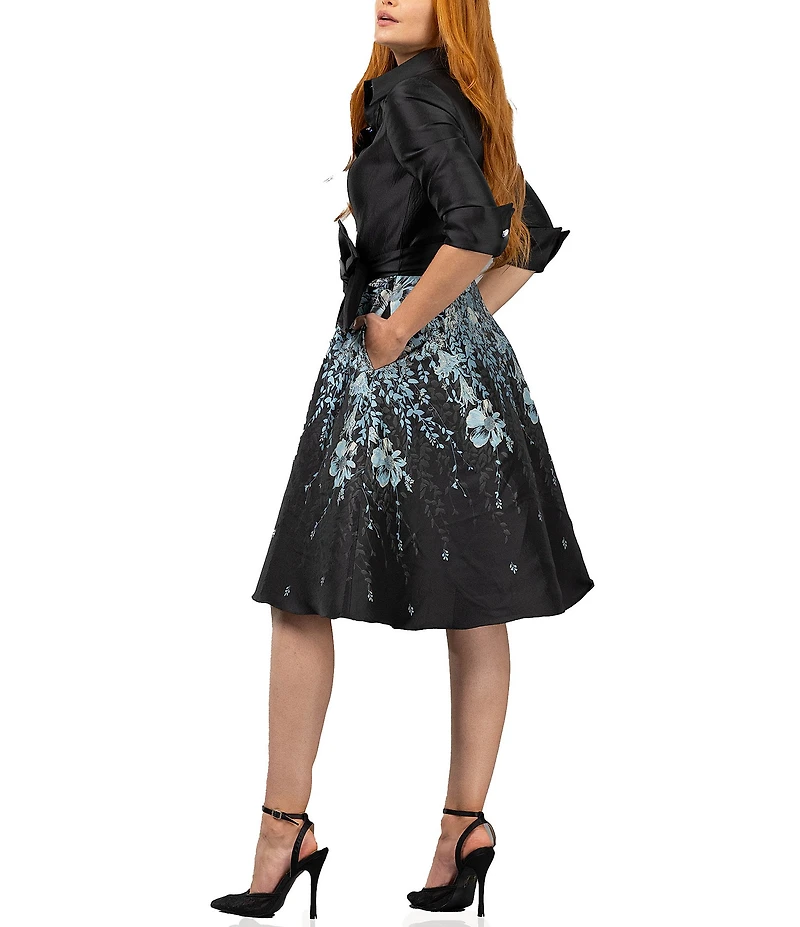 Terani Couture Point Collar 3/4 Sleeve Floral Print Jacquard Shirtdress