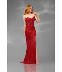Terani Couture Pointed Sweetheart Neck Corset Bodice Side Slit Sequined Tulle Column Gown