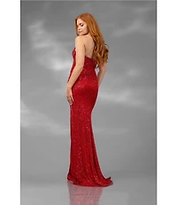 Terani Couture Pointed Sweetheart Neck Corset Bodice Side Slit Sequined Tulle Column Gown