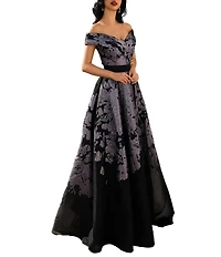 Terani Couture Portrait Collar Printed Organza Long Gown