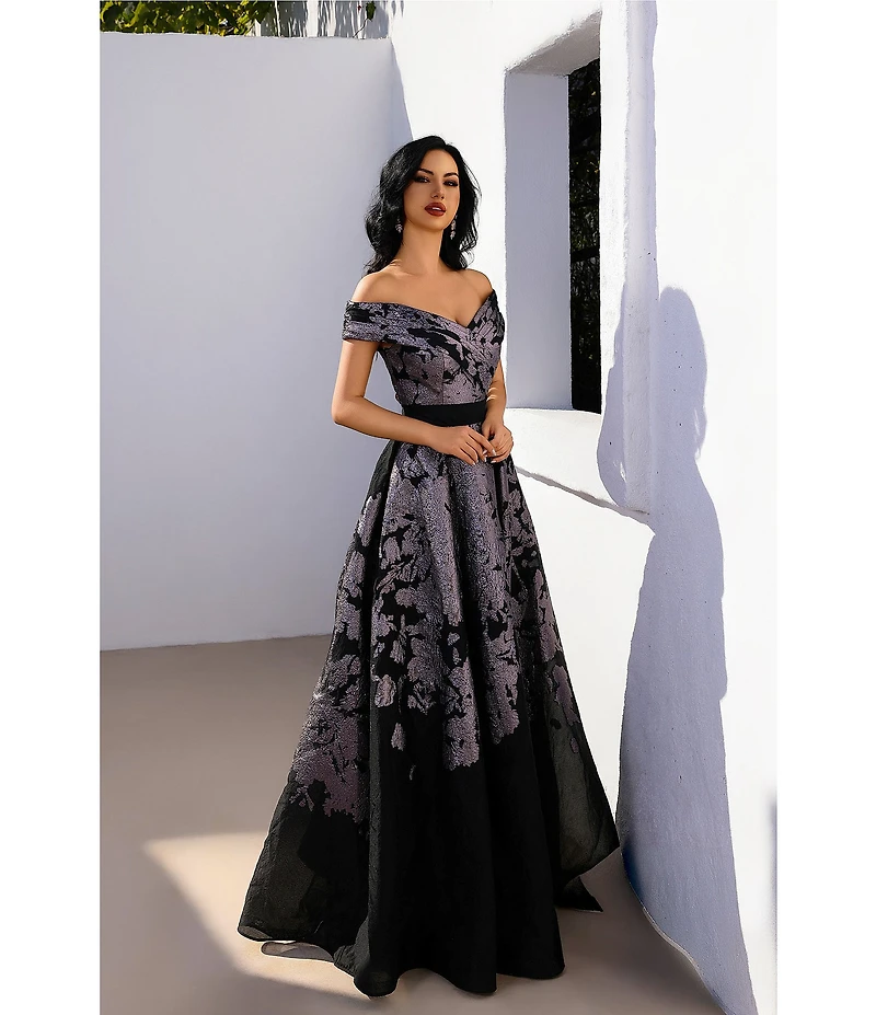 Terani Couture Portrait Collar Printed Organza Long Gown