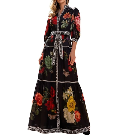 Terani Couture Printed Chiffon 3/4 Sleeve Belted Maxi Dress