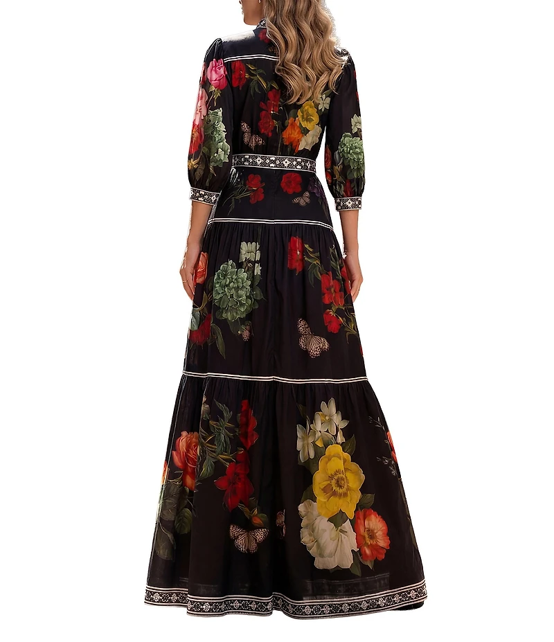 Terani Couture Printed Chiffon 3/4 Sleeve Belted Maxi Dress