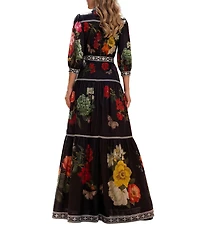 Terani Couture Printed Chiffon 3/4 Sleeve Belted Maxi Dress