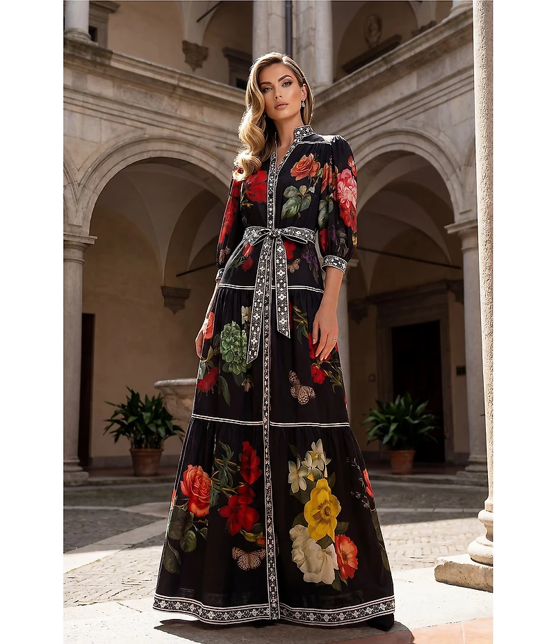 Terani Couture Printed Chiffon 3/4 Sleeve Belted Maxi Dress