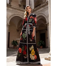Terani Couture Printed Chiffon 3/4 Sleeve Belted Maxi Dress