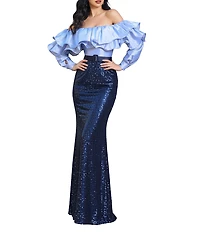 Terani Couture Ruffle Off The Shoulder Sequin Satin Gown