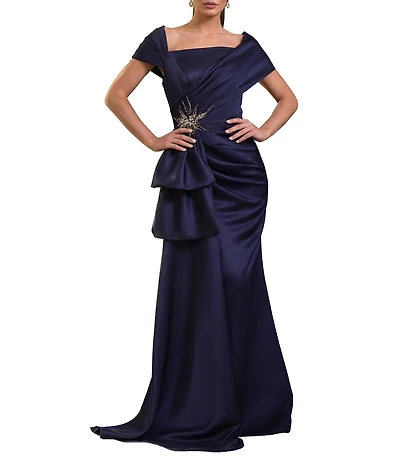 Terani Couture Satin Off The Shoulder Neck Short Sleeve Front Rhinestone Drape Gown