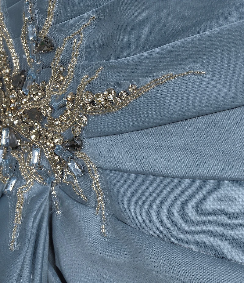 Terani Couture Satin Off The Shoulder Neck Short Sleeve Front Rhinestone Drape Gown