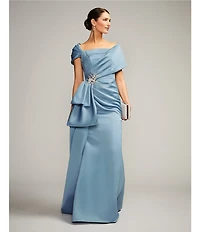 Terani Couture Satin Off The Shoulder Neck Short Sleeve Front Rhinestone Drape Gown