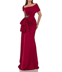 Terani Couture Satin Off The Shoulder Neck Short Sleeve Front Rhinestone Drape Gown