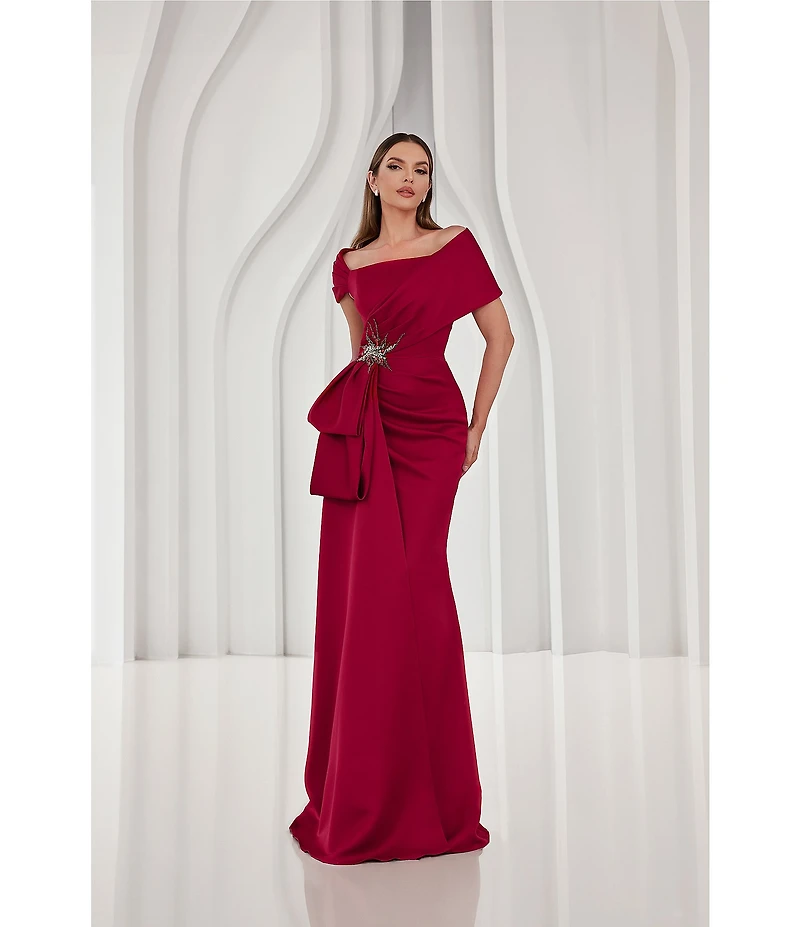 Terani Couture Satin Off The Shoulder Neck Short Sleeve Front Rhinestone Drape Gown