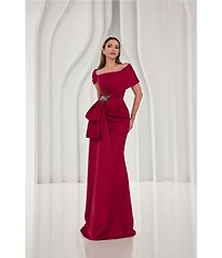 Terani Couture Satin Off The Shoulder Neck Short Sleeve Front Rhinestone Drape Gown