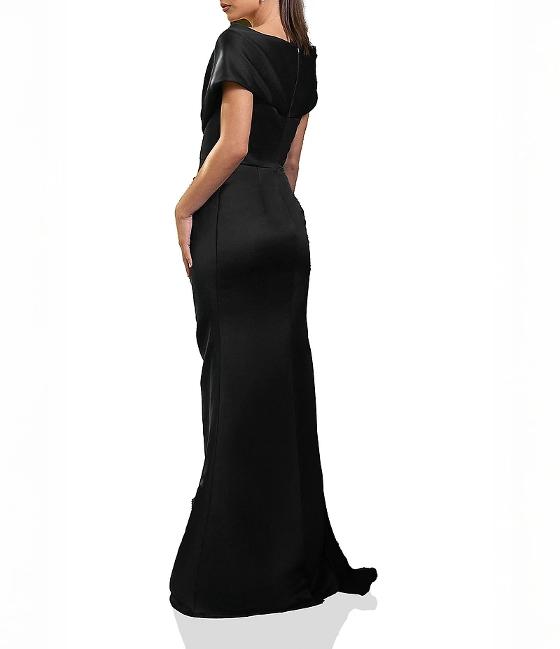 Terani Couture Satin Off The Shoulder Neck Short Sleeve Front Rhinestone Drape Gown