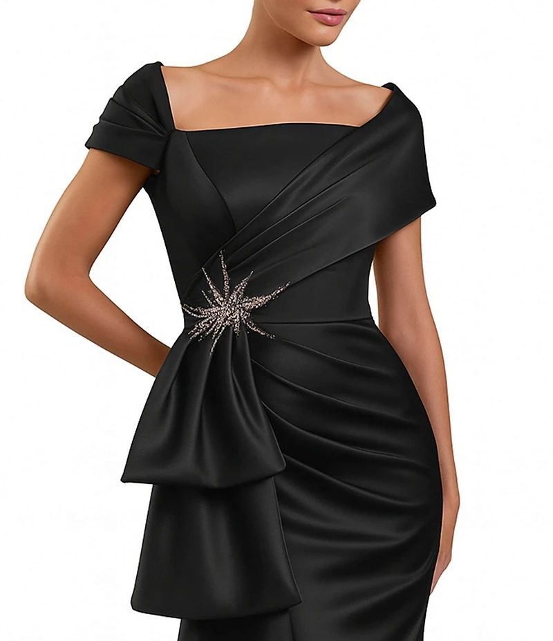 Terani Couture Satin Off The Shoulder Neck Short Sleeve Front Rhinestone Drape Gown