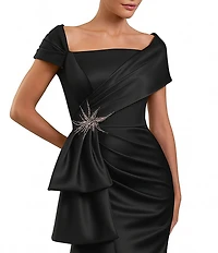 Terani Couture Satin Off The Shoulder Neck Short Sleeve Front Rhinestone Drape Gown