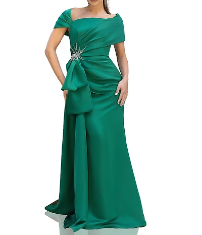 Terani Couture Satin Off The Shoulder Neck Short Sleeve Front Rhinestone Drape Gown