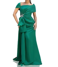 Terani Couture Satin Off The Shoulder Neck Short Sleeve Front Rhinestone Drape Gown