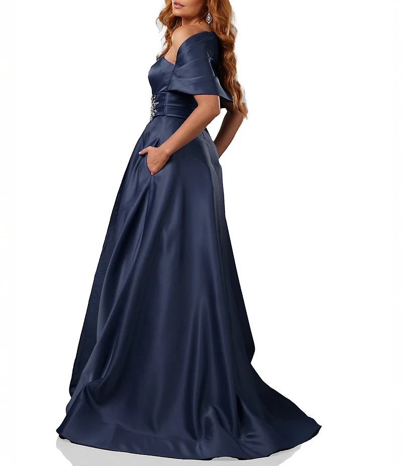 Terani Couture Satin One-Shoulder Neck Sleeveless Beaded Applique A-Line Ball Gown