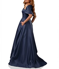 Terani Couture Satin One-Shoulder Neck Sleeveless Beaded Applique A-Line Ball Gown