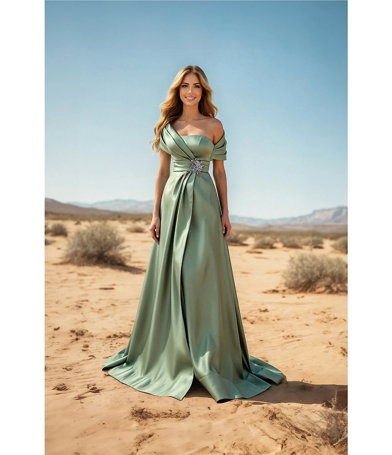 Terani Couture Satin One-Shoulder Neck Sleeveless Beaded Applique A-Line Ball Gown