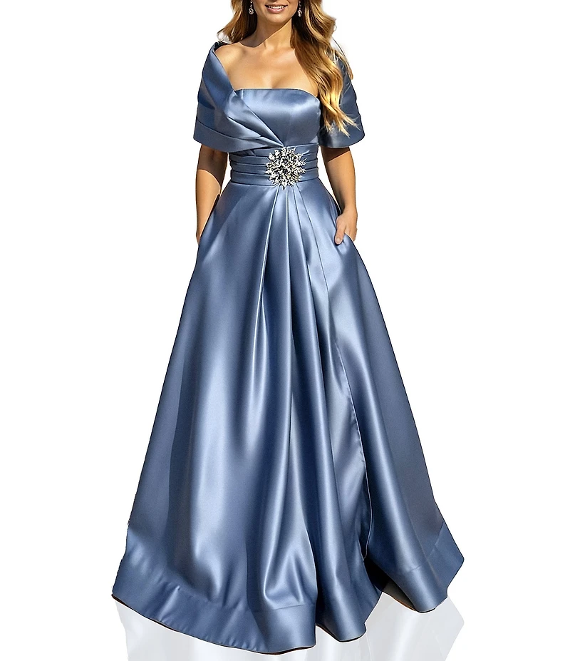 Terani Couture Satin One-Shoulder Neck Sleeveless Beaded Applique A-Line Ball Gown