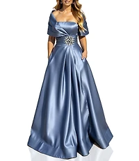 Terani Couture Satin One-Shoulder Neck Sleeveless Beaded Applique A-Line Ball Gown
