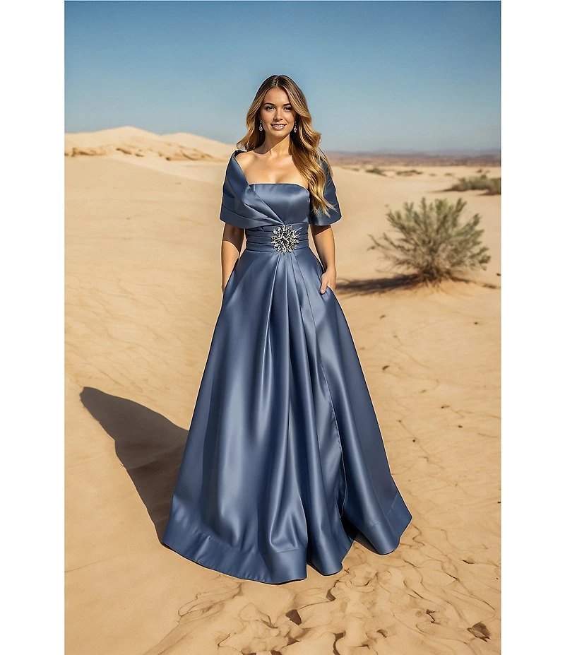 Terani Couture Satin One-Shoulder Neck Sleeveless Beaded Applique A-Line Ball Gown