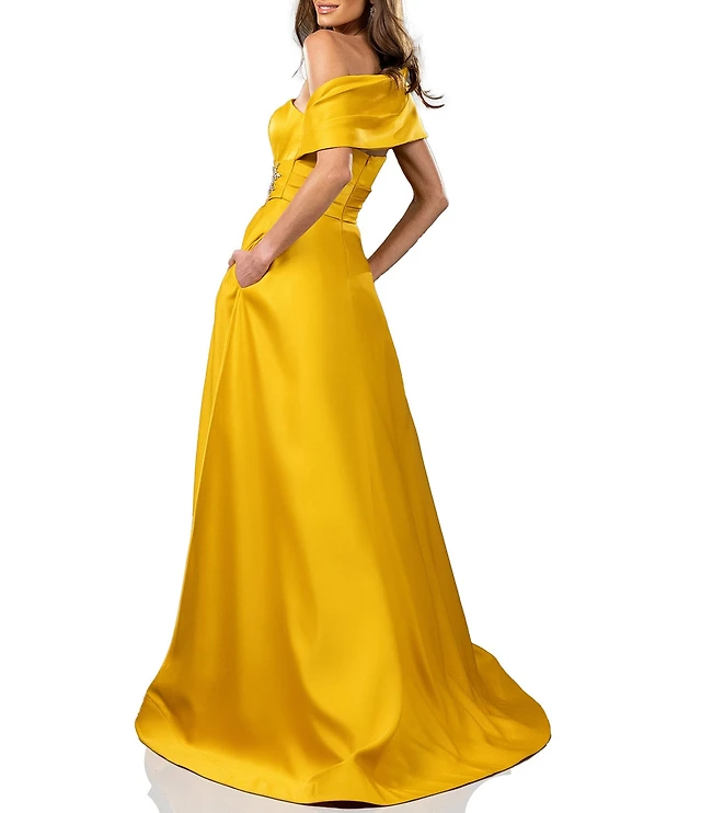 ball gown sleeveless off-the-shoulder applique satin floor-length dresses A-line One-Shoulder Sleeveless Long/Floor-Length Satin Prom Dresses Wi –  Frisco Dresses main image 0