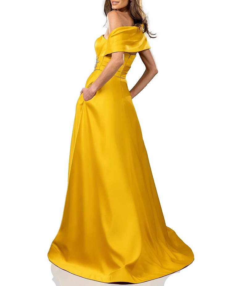 Terani Couture Satin One-Shoulder Neck Sleeveless Beaded Applique A-Line Ball Gown