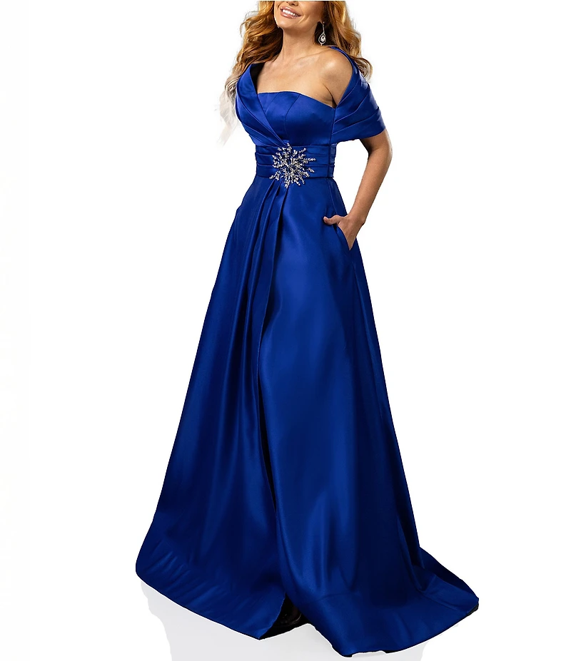 Terani Couture Satin One-Shoulder Neck Sleeveless Beaded Applique A-Line Ball Gown