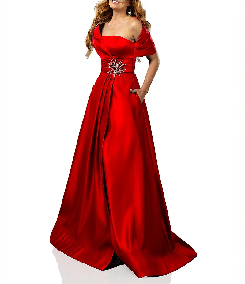 Terani Couture Satin One-Shoulder Neck Sleeveless Beaded Applique A-Line Ball Gown