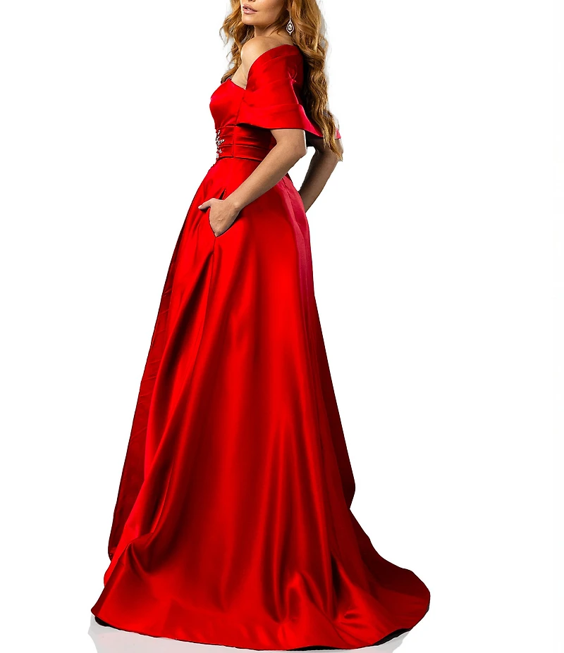 Terani Couture Satin One-Shoulder Neck Sleeveless Beaded Applique A-Line Ball Gown