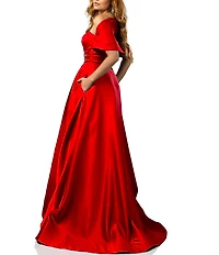 Terani Couture Satin One-Shoulder Neck Sleeveless Beaded Applique A-Line Ball Gown