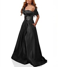 Terani Couture Satin One-Shoulder Neck Sleeveless Beaded Applique A-Line Ball Gown