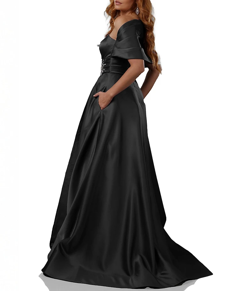Terani Couture Satin One-Shoulder Neck Sleeveless Beaded Applique A-Line Ball Gown