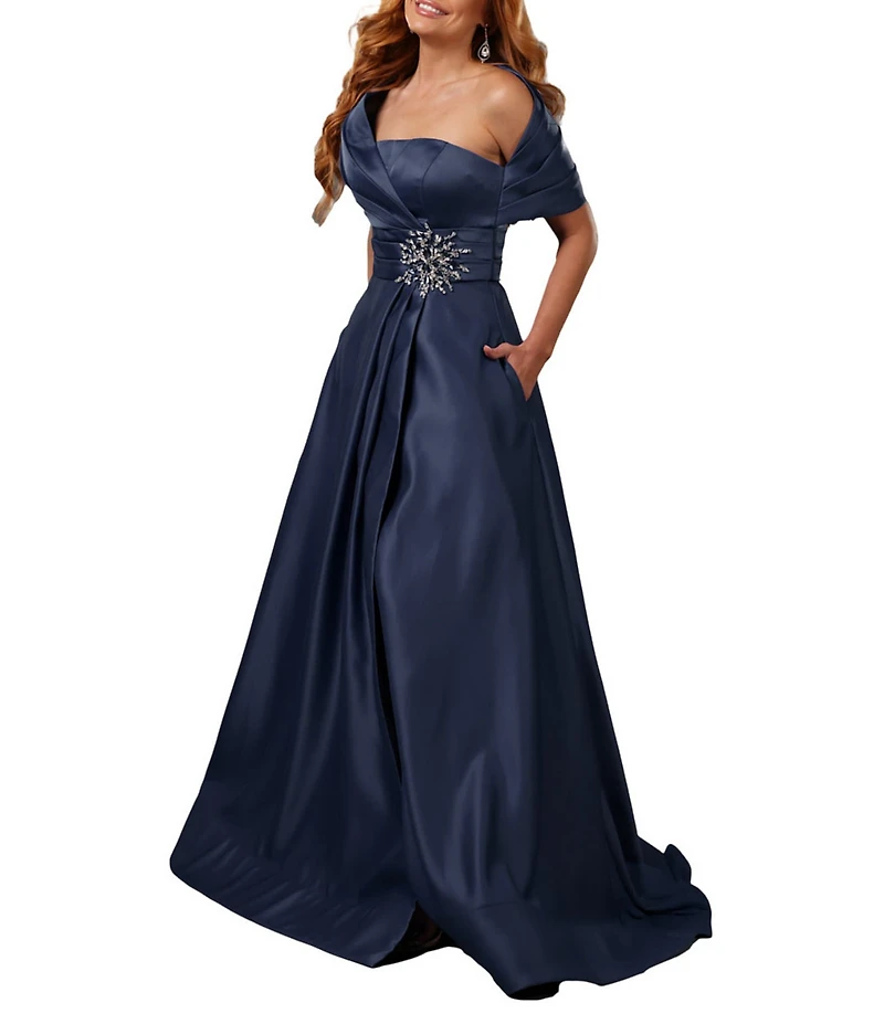 Terani Couture Satin One-Shoulder Neck Sleeveless Beaded Applique A-Line Ball Gown