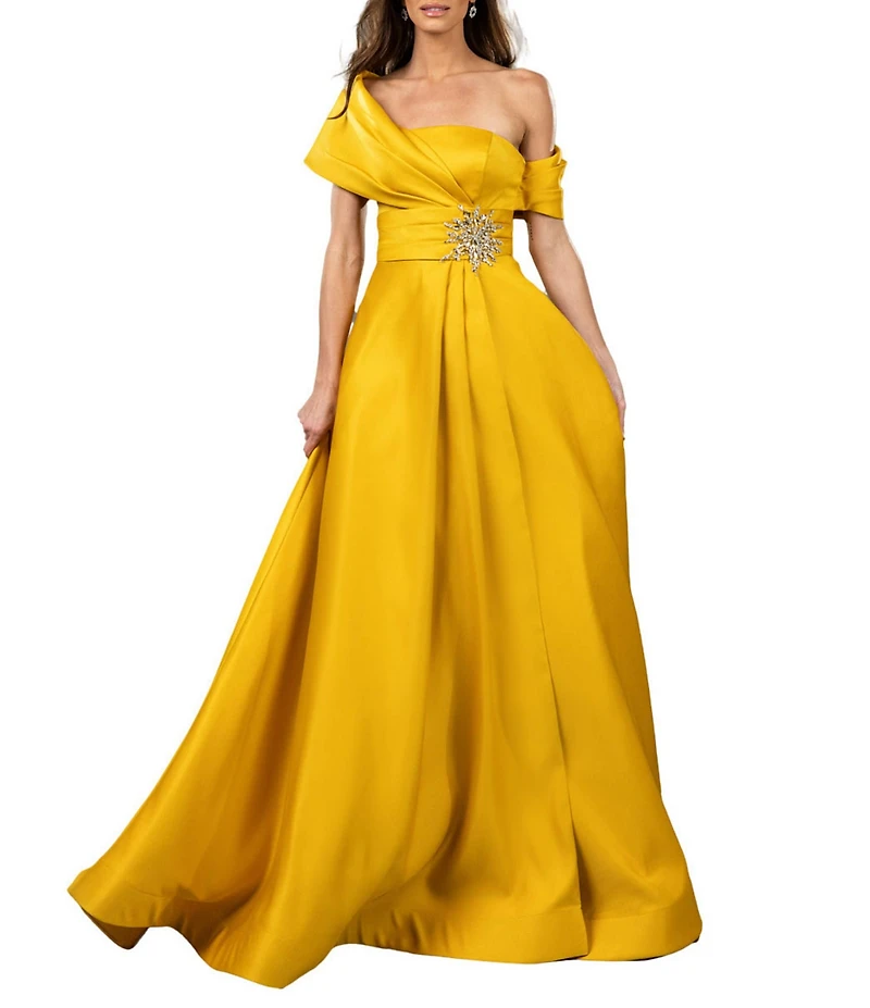 Terani Couture Satin One-Shoulder Neck Sleeveless Beaded Applique A-Line Ball Gown