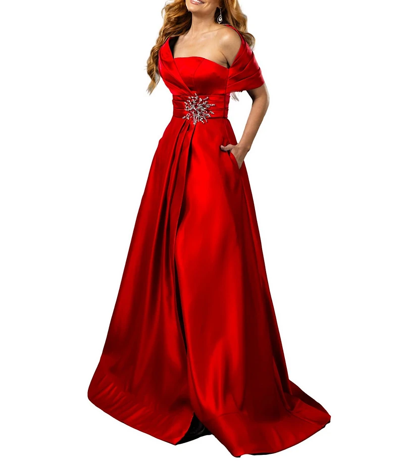 Terani Couture Satin One-Shoulder Neck Sleeveless Beaded Applique A-Line Ball Gown
