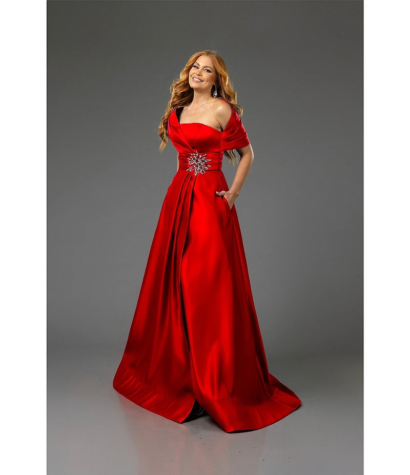 Terani Couture Satin One-Shoulder Neck Sleeveless Beaded Applique A-Line Ball Gown