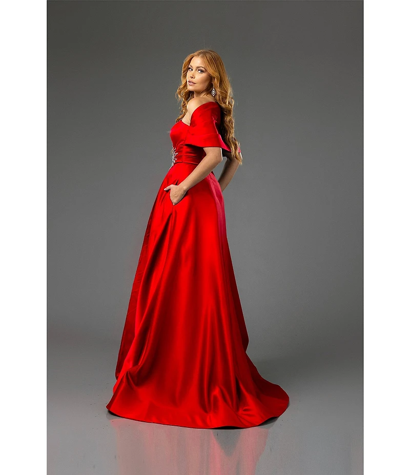 Terani Couture Satin One-Shoulder Neck Sleeveless Beaded Applique A-Line Ball Gown